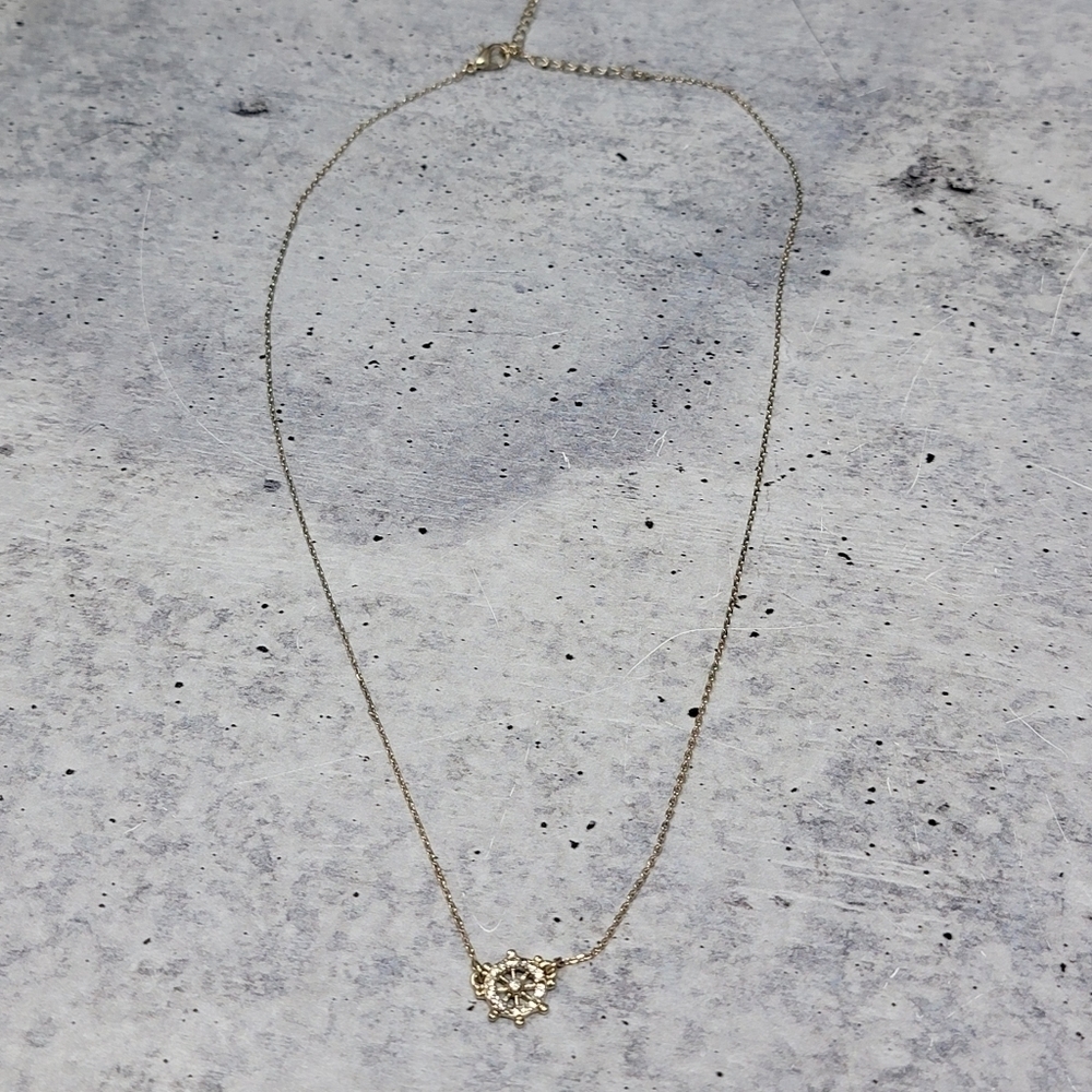 Gold Tone Necklace Sailor's Ship Wheel Pendant
